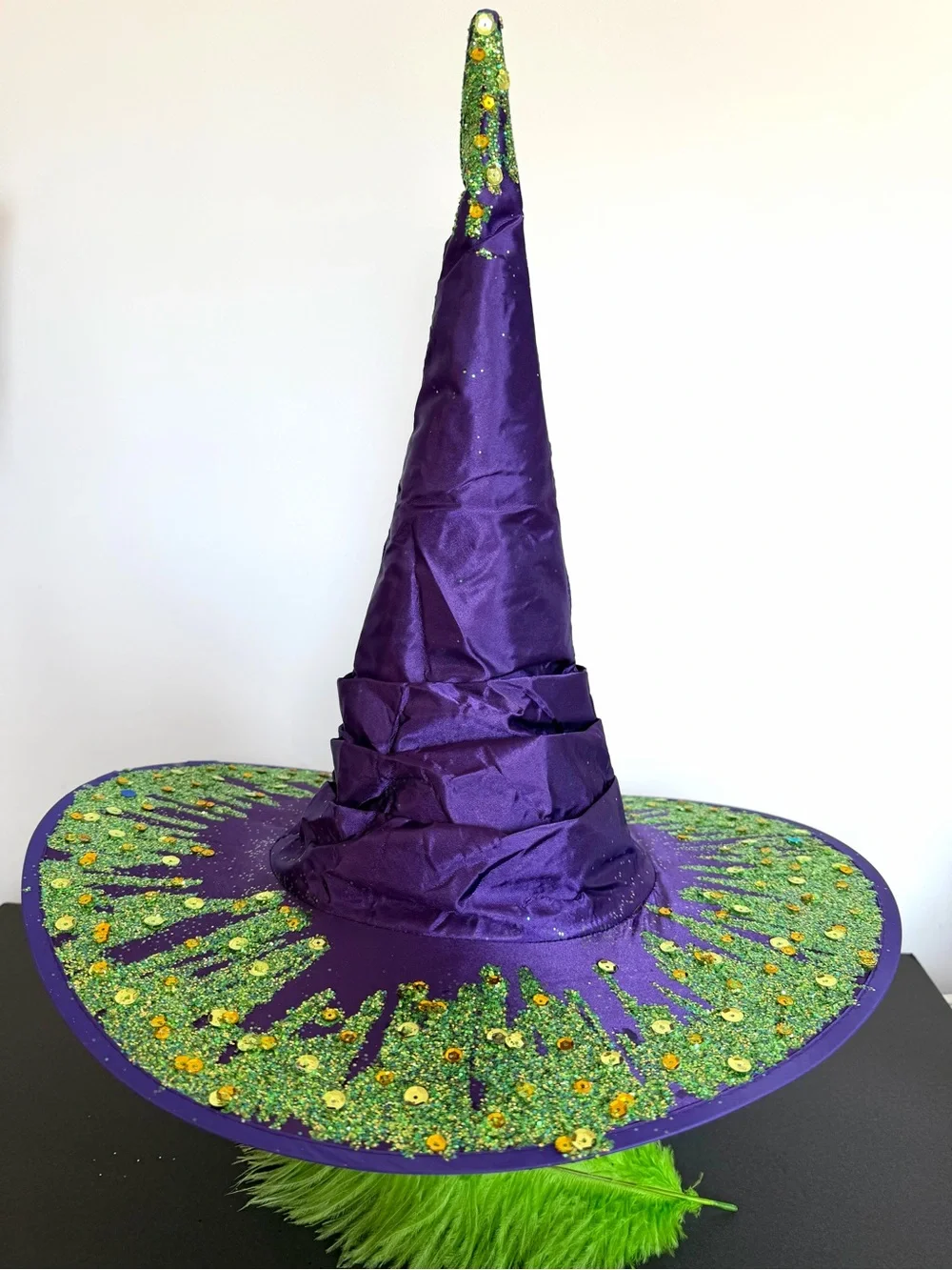 Witch Hat – wizard hat -Halloween -purple satin with Green glitter & jewels OS